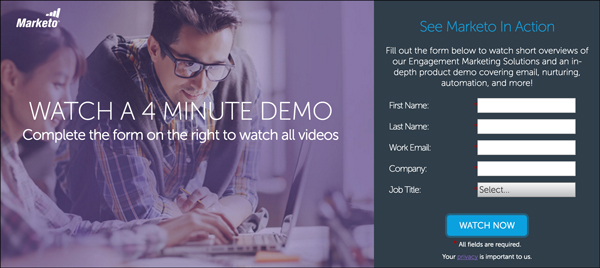Marketo is using a video tool demo as a Lead Magnet to entice people to try out their tool
